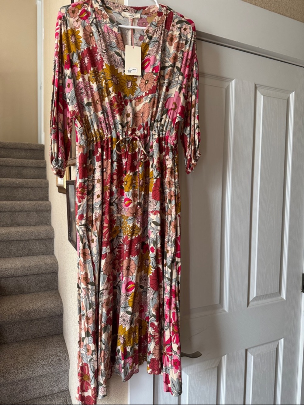 NWT Floral Midi Dress with Drawstring Waist - Pink Multi